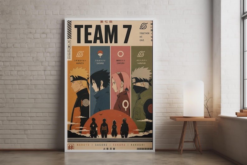 Team 7 Naruto Anime Poster, Retro Minimalist Wall Art, Kakashi Sakura Sasuke Print