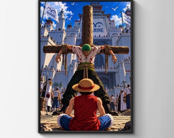 Zoro and Luffy Anime Poster, Marine Fortress Scene, Pirate Manga Wall Art, Bedroom Print