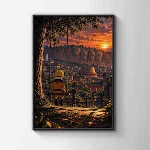 Könnte beinhalten: Ein gerahmter Wandkunstdruck, der ein Dorf bei Sonnenuntergang zeigt, mit einem Berg im Hintergrund, in den steinerne Gesichter gemeißelt sind. Im Vordergrund sitzt eine Zeichentrickfigur mit stacheligen gelben Haaren und orangefarbener Jacke auf einer Schaukel.