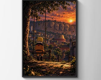 Naruto Swing Sunset Poster, Konoha Village Wall Art, Anime Print, Orange Sky Gift