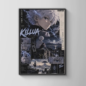 May include: A framed poster featuring anime character Killua Zoldyck from Hunter x Hunter. The design includes multiple panels of the character, lightning effects, a skateboard, and a night landscape. Text includes Killua Zoldyck and Japanese characters.