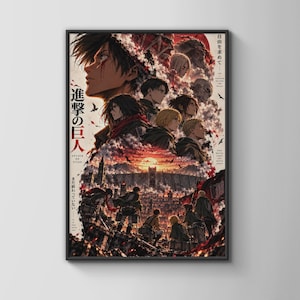 May include: A rectangular wall poster featuring an anime illustration of Attack on Titan characters. The artwork displays a large character profile, multiple smaller figures, a city landscape, and a sunset. Japanese text and English text are visible.