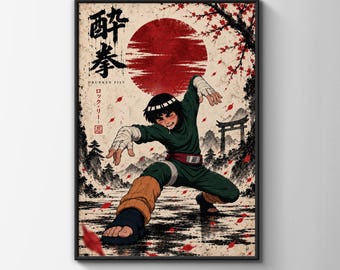 Drunken Fist Anime Poster, Japanese Ink Wall Art, Red Sun Kung Fu Print, Cherry Blossom Decor