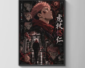 Yuji Itadori Jujutsu Kaisen Poster, Dark Anime Wall Art, Red Black Print