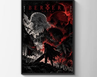 Berserk Anime Poster, Dark Fantasy Wall Art, Manga Art Print, Red and Black Gothic Room Decor