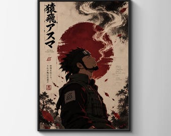 Asuma Sarutobi Anime Poster, Japanese Ink Wall Art, Red Sun Ninja Print, Manga Bedroom Decor