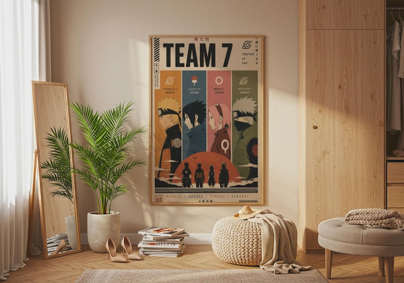 Team 7 Naruto Anime Poster, Retro Minimalist Wall Art, Kakashi Sakura Sasuke Print