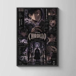 May include: A vertical poster featuring Chrollo Lucilfer from Hunter x Hunter in a dark, gothic aesthetic. The collage includes multiple panels of the character, a silhouette standing in a cathedral, spider motifs, and text in English and Japanese.