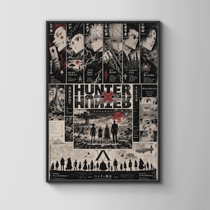 May include: A black and white Hunter x Hunter poster featuring multiple character portraits at the top, a central landscape scene with a large red moon, and a silhouette of a group of figures at the bottom, all accented with Japanese text.