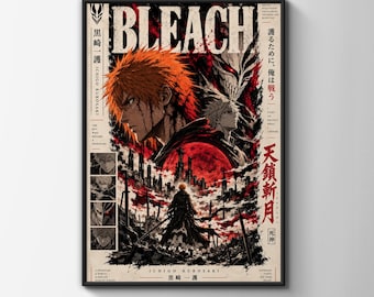Ichigo Kurosaki Bleach Anime Poster, Bankai Manga Wall Art Print, Blood Moon Japanese Art