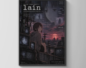 Anime-Poster „Serial Experiments Lain“, düsteres Cyberpunk-Wandbild, dystopischer Druck in Lila