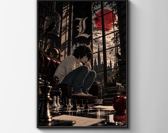 Death Note L Anime Poster, Dark Gothic Library Wall Art, Chess Board Red Moon Manga Art Print