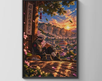 Kakashi Hatake Poster, Naruto Anime Wandbild, Konoha Sonnenuntergangsdruck, Hokage-Felsen