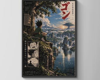 Gon Freecss Fishing Poster, Hunter x Hunter Anime Wall Art, Purple HxH Print
