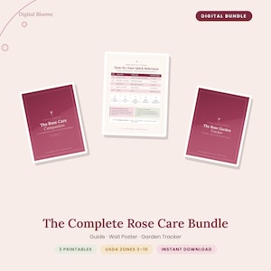 Op de afbeelding: Een digitale bundel met drie printbare documenten voor rozenverzorging, waaronder The Rose Care Companion, een Zone-by-Zone Quick Reference tabel en The Rose Garden Tracker, uitgevoerd in dieproze en wit met duidelijke koppen en tabellen.