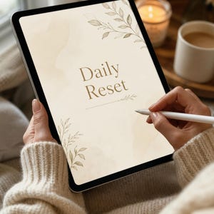 Può includere: Uno schermo di tablet che mostra il testo Daily Reset in un carattere serif, centrato su uno sfondo color crema con delicate illustrazioni di foglie in stile acquerello negli angoli e una sottile linea orizzontale sotto il testo.