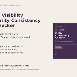 Puede incluir: Un producto digital AI Visibility Entity Consistency Checker que incluye un archivo Excel editable y un libro de trabajo imprimible de 120 páginas. El texto incluye HOHOLALA STUDIO, B2B CONSULTANTS y el título AI Visibility Entity Consistency Checker.