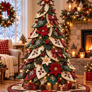 May include: A quilted fabric Christmas tree featuring layered green and cream leaf-shaped panels, red poinsettia accents, plaid bows, and white snowflake embroidery. The tree is illuminated by warm lights and sits on a matching quilted tree skirt.