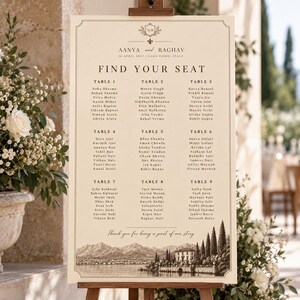 May include: A cream-colored wedding seating chart sign on a wooden easel. The text reads AANYA and RAGHAV, 16 APRIL 2017, LAKE COMO, ITALY, FIND YOUR SEAT, and lists guests for tables 1 through 9, ending with Thank you for being a part of our story.