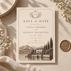May include: A cream-colored Save the Date card featuring a dark brown illustration of a lakeside villa in Lake Como, Italy. The text reads: SAVE the DATE FOR THE WEDDING OF AANYA SHARMA and RAGHAV MALHOTRA 26 | 04 | 2027 LAKE COMO, ITALY FORMAL INVITATION TO FOLLOW.