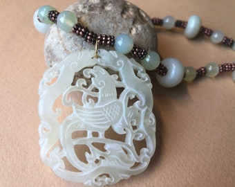 Burmese White Jade Phoenix Pendant Necklace: Freshwater Pearl, Tibetan Silver
