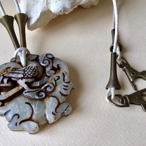 Rare Jade Feng Shui Pendant: Crane & Elephant, Handmade