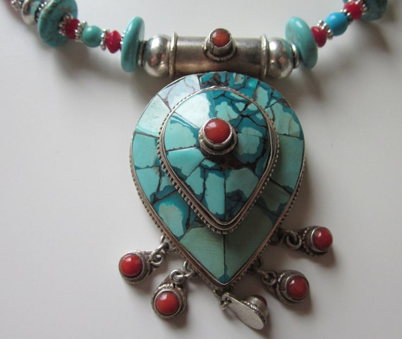 Collier Pendentif En Argent Massif 925 Avec Turquoise - Occasion Très Bon état - Bijou Ethnique