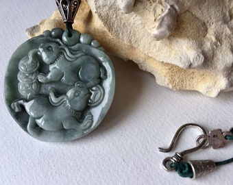 Lucky Jade Rabbit Pendant: Chinese Zodiac Necklace, Sterling Silver Accents