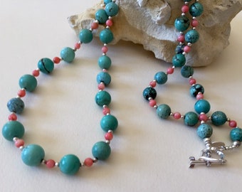 Collier Multi Brins Turquoise/corail – Fait Main, Style Amérindien, 22 Pouces