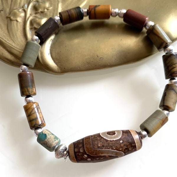 Bracelet élastique en unakite et perle Dzi du Tibet