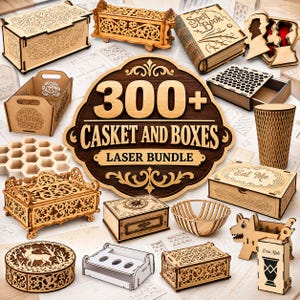 Könnte beinhalten: Eine Sammlung lasergeschnittener Holzkisten und Schatullen mit verschiedenen Designs, darunter eine Zauberbuch-Box, ein Wabenmuster und ein Hirschmotiv. Ein zentrales Schild zeigt den Text 300+ CASKET AND BOXES LASER BUNDLE.