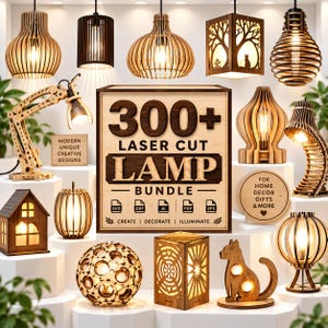 Puede incluir: Una colección digital de más de 300 diseños de lámparas cortadas con láser que incluye varias luminarias de madera, como lámparas colgantes, de mesa y formas decorativas como una casa, una esfera y un gato, con iconos de formato SVG, DXF, AI, PDF y EPS.