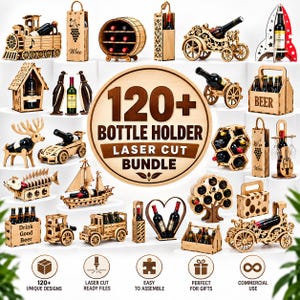 Op de afbeelding: Een collectie lasergesneden houten flessenhouders in diverse vormen, waaronder een trein, vat, raket, auto, schip en dieren. De centrale tekst luidt 120+ BOTTLE HOLDER LASER CUT BUNDLE. Iconen onderaan tonen 120+ unieke ontwerpen.