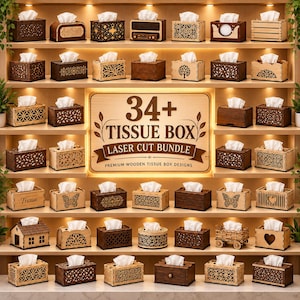 Puede incluir: Una colección de más de 34 cajas de pañuelos de madera con diversos patrones cortados con láser, incluyendo motivos geométricos, florales y animales, expuestas en estantes con un letrero central que dice 34+ TISSUE BOX LASER CUT BUNDLE.