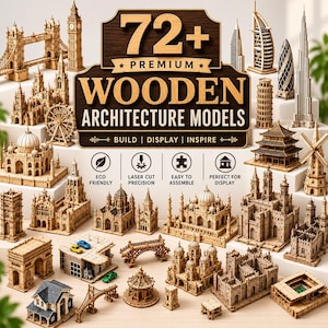 Peut inclure: Une collection de modèles d'architecture en bois brun clair représentant divers monuments et structures mondiaux. Le texte central indique 72+ PREMIUM WOODEN ARCHITECTURE MODELS, BUILD | DISPLAY | INSPIRE, avec des icônes pour l'assemblage.