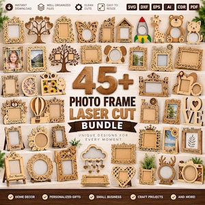 Puede incluir: Una colección digital de más de 45 diseños de marcos de fotos cortados con láser en madera, con varias formas como corazones, árboles, animales y patrones geométricos. Incluye formatos de archivo SVG, DXF, EPS, AI, CDR y PDF.