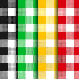 May include: A vertical arrangement of four distinct gingham patterns featuring a repeating checkered design. The columns display a black and white, green and white, yellow and white, and red and white color scheme, each with a consistent grid.