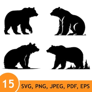 Pode incluir: Um conjunto de quatro silhuetas de ursos pretos em várias poses, incluindo a caminhar e sentado, com alguns designs apresentando pequenos detalhes de pinheiros. O gráfico inclui o número 15 e os formatos de ficheiro SVG, PNG, JPEG, PDF e EPS.