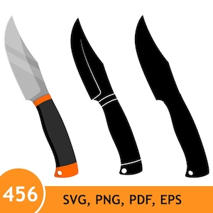 Könnte beinhalten: Eine grafische Darstellung mit drei Messermotiven: ein farbiges Messer mit grauer Klinge, schwarzem Griff und orangefarbenen Akzenten, gefolgt von zwei schwarzen Silhouetten desselben Messers. Der Text 456 SVG, PNG, PDF, EPS steht darunter.