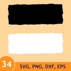 May include: Two rectangular shapes with rough, torn-paper edges are displayed against a light orange background. One rectangle is solid black, and the other is solid white. The number 34 is inside an orange circle, and the text SVG, PNG, DXF, EPS appears.