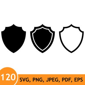 May include: Three shield icons arranged horizontally. The first is a solid black shield, the second is a black shield with a white inner border, and the third is a white shield with a thick black outline. The text 120 SVG, PNG, JPEG, PDF, EPS appears below.