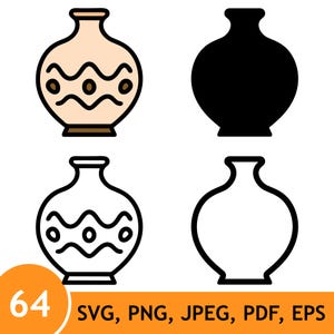 May include: A set of four vase icons featuring a beige vase with brown wavy lines and dots, a solid black silhouette vase, a black outline vase with wavy lines and dots, and a plain black outline vase, with the text 64 SVG, PNG, JPEG, PDF, EPS.