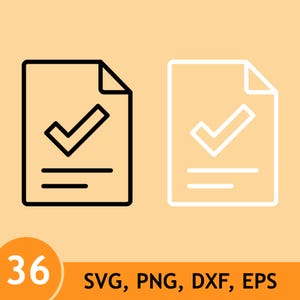 May include: Two document icons featuring a checkmark and two horizontal lines. One icon is outlined in black, and the other is outlined in white. The number 36 appears in a circle, and the text SVG, PNG, DXF, EPS is displayed at the bottom.