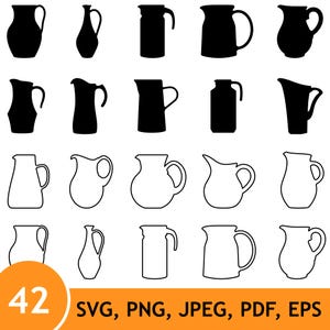 Pode incluir: Uma coleção de vinte ícones de jarros dispostos em quatro linhas, apresentando dez silhuetas pretas sólidas e dez contornos brancos com bordas pretas. A seção inferior inclui um círculo laranja com o número 42 e o texto SVG, PNG, JPEG, PDF, EPS.