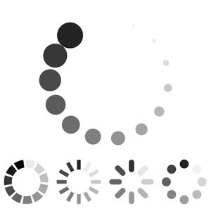 May include: A collection of four distinct loading icons arranged in a row. The first is a large circular pattern of gradient gray dots. Below are three smaller circular indicators: one with rectangular segments, one with thin bars, and one with rounded dots.