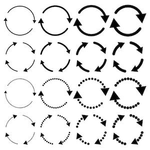 May include: A collection of sixteen black circular arrow icons arranged in a four-by-four grid. The icons vary in line thickness and style, featuring solid lines and dotted lines, with arrows indicating clockwise rotation in various weights and sizes.