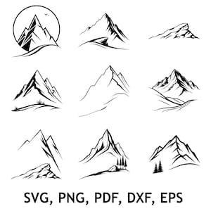May include: A collection of nine black and white mountain illustrations featuring various peaks, rocky terrain, and pine trees. The graphic set includes diverse landscape silhouettes and is labeled with the text SVG, PNG, PDF, DXF, EPS.