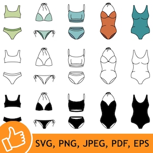May include: A collection of swimwear icons featuring various styles including bikinis, tankinis, and one-piece swimsuits. The set includes colored, outlined, and solid black versions of each design, with text at the bottom reading SVG, PNG, JPEG, PDF, EPS.