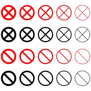 Puede incluir: Una colección de veinte iconos circulares dispuestos en una cuadrícula. Las dos filas superiores presentan círculos con una marca de X, mientras que las dos filas inferiores presentan círculos con una barra diagonal. Los iconos alternan entre rojo y negro, y líneas gruesas y finas.