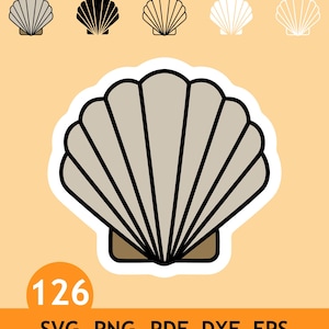 May include: A digital graphic of a fan-shaped seashell with light beige segments and a dark brown base, outlined in black. The image includes the number 126 and the text SVG, PNG, PDF, DXF, EPS, representing a collection of file formats.